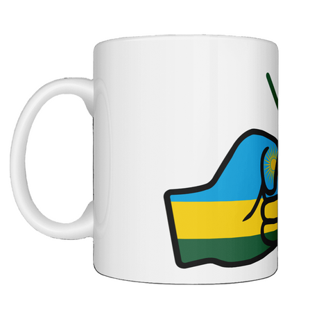 A glossy white ceramic coffee, tea We Run Tings  Mug, Cup with a graphic design of a fist and the colors of the Rwanda flag. Front view