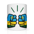 A white ceramic coffee, tea mug with a graphic design of the flag of Rwanda in the We Run Tings Logo. Front view