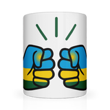 A white ceramic coffee, tea mug with a graphic design of the flag of Rwanda in the We Run Tings Logo. Front view
