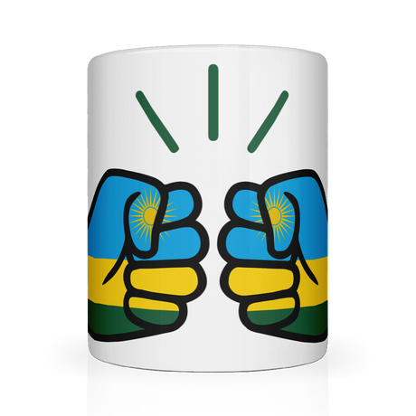 A white ceramic coffee, tea mug with a graphic design of the flag of Rwanda in the We Run Tings Logo. Front view