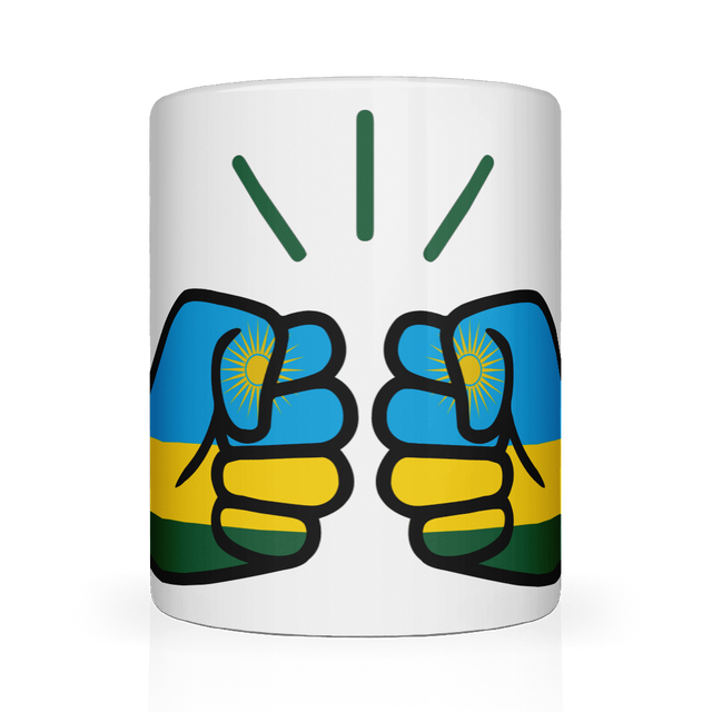 A white ceramic coffee, tea mug with a graphic design of the flag of Rwanda in the We Run Tings Logo. Front view