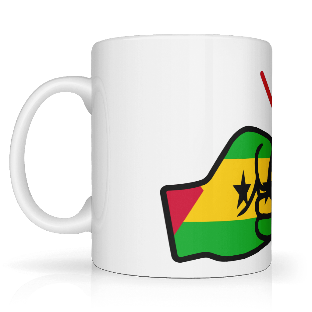 Show your São Tomé and Príncipe pride with our We Run Tings mug. Premium white 11oz ceramic mug featuring the flag design. Dishwasher & microwave safe. Side view