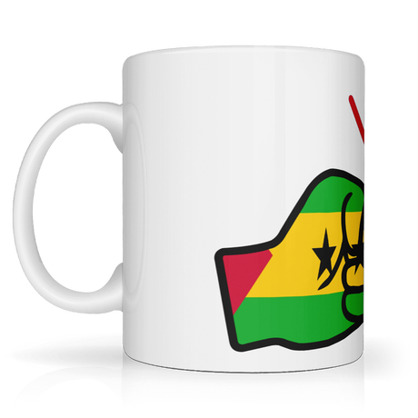 Show your São Tomé and Príncipe pride with our We Run Tings mug. Premium white 11oz ceramic mug featuring the flag design. Dishwasher & microwave safe. Side view