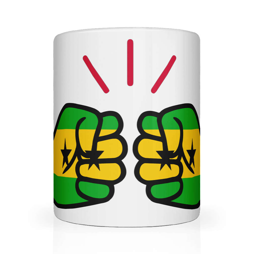 Show your São Tomé and Príncipe pride with our We Run Tings mug. Premium white 11oz ceramic mug featuring the flag design. Dishwasher & microwave safe. Front view