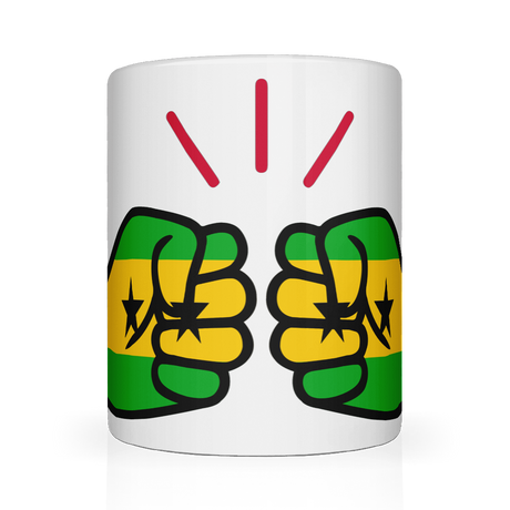 Show your São Tomé and Príncipe pride with our We Run Tings mug. Premium white 11oz ceramic mug featuring the flag design. Dishwasher & microwave safe. Front view