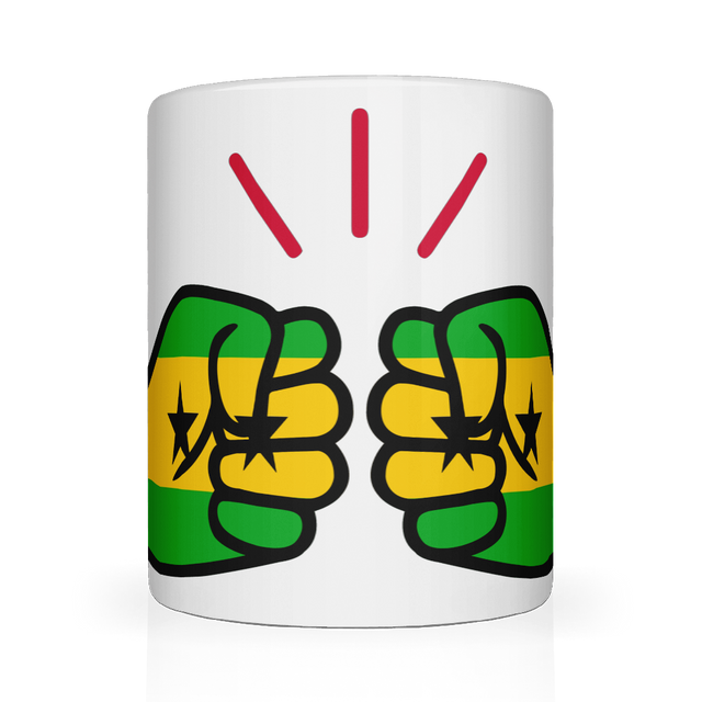 Show your São Tomé and Príncipe pride with our We Run Tings mug. Premium white 11oz ceramic mug featuring the flag design. Dishwasher & microwave safe. Front view