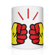 A glossy white ceramic mug with a hand-painted design featuring a fist and the text 'We Run Tings' in a bold, red and yellow color scheme representing the African country of Senegal