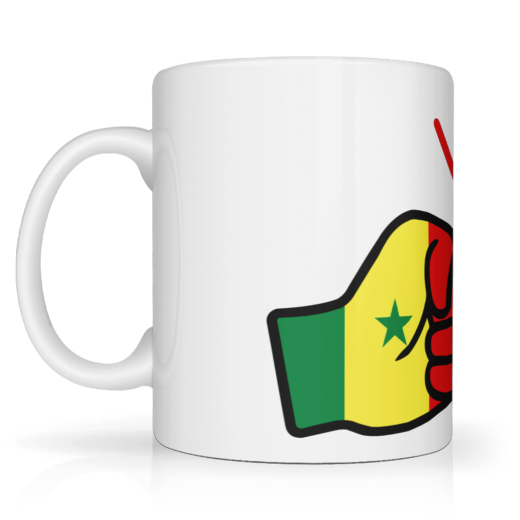Side view of We Run Tings, Senegal Mug in white and made in gloss ceramic 
