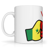 Side view of We Run Tings, Senegal Mug in white and made in gloss ceramic 