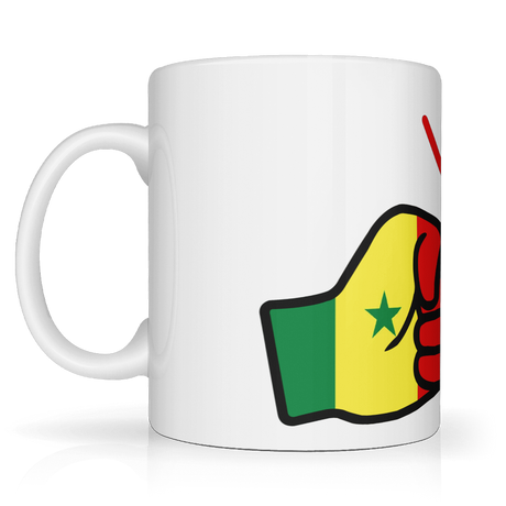 Side view of We Run Tings, Senegal Mug in white and made in gloss ceramic 