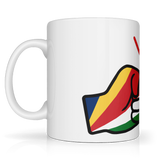 White 11oz ceramic coffee, tea mug with 'We Run Tings' logo and Seychelles flag graphic. side view