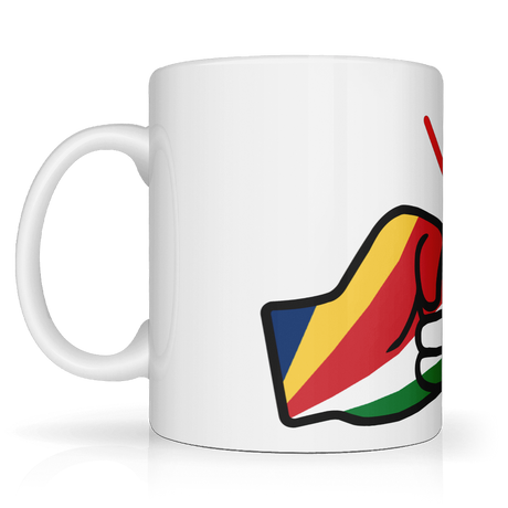 White 11oz ceramic coffee, tea mug with 'We Run Tings' logo and Seychelles flag graphic. side view