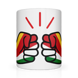 White 11oz ceramic mug with 'We Run Tings' logo and Seychelles flag graphic. Front view
