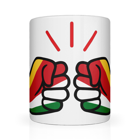 White 11oz ceramic mug with 'We Run Tings' logo and Seychelles flag graphic. Front view