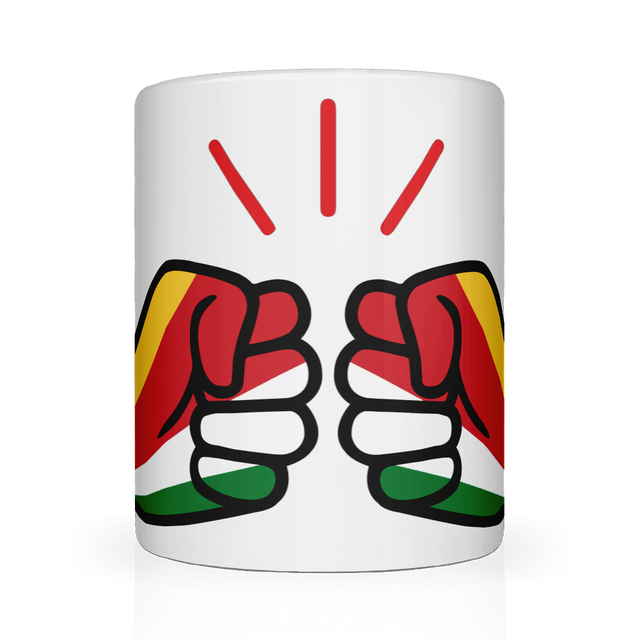 White 11oz ceramic mug with 'We Run Tings' logo and Seychelles flag graphic. Front view