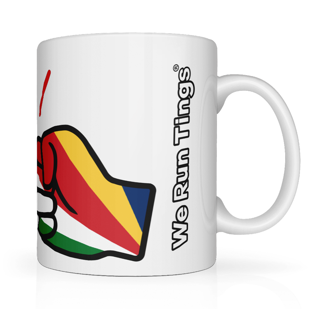 White glossy ceramic mug with colorful flag of Seychelles within the We Run Tings graphic logo and 'We Run Tings' text on on the side.