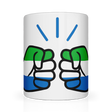 A glossy white ceramic coffee, tea mug with a graphic design of a fist featuring the We Run Tings Logo and the colors of the Sierra Leone flag, indicating a theme or message related to the country.