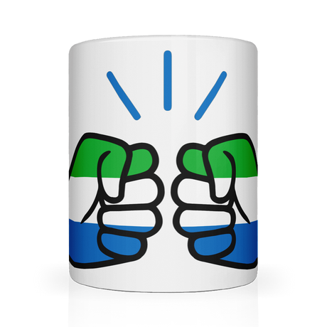 A glossy white ceramic coffee, tea mug with a graphic design of a fist featuring the We Run Tings Logo and the colors of the Sierra Leone flag, indicating a theme or message related to the country.