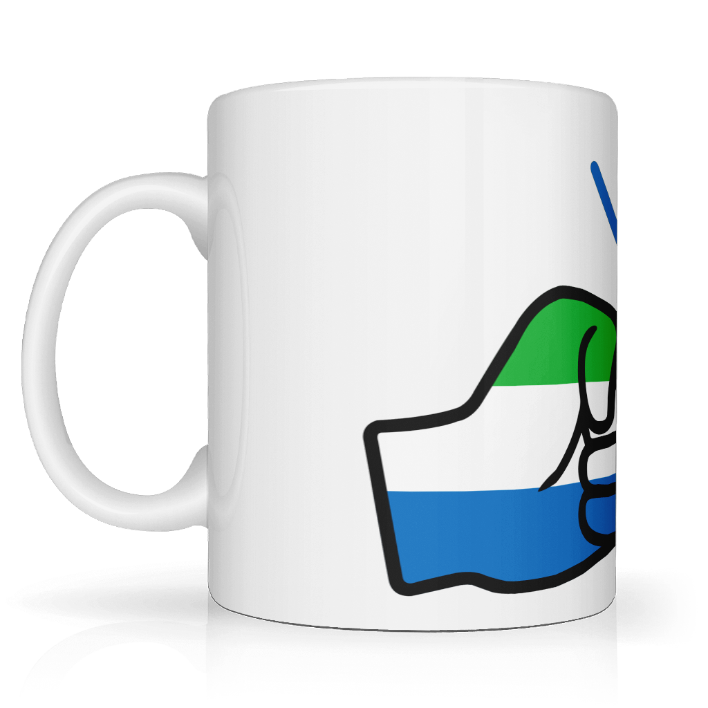 A glossy white ceramic coffee, tea mug with a graphic design of a fist featuring the We Run Tings Logo and the colors of the Sierra Leone flag, indicating a theme or message related to the country. Side view