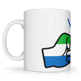 A glossy white ceramic coffee, tea mug with a graphic design of a fist featuring the We Run Tings Logo and the colors of the Sierra Leone flag, indicating a theme or message related to the country. Side view