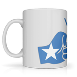 Left hand view. White ceramic coffee mug with We Run Tings logo and Somalia flag design.