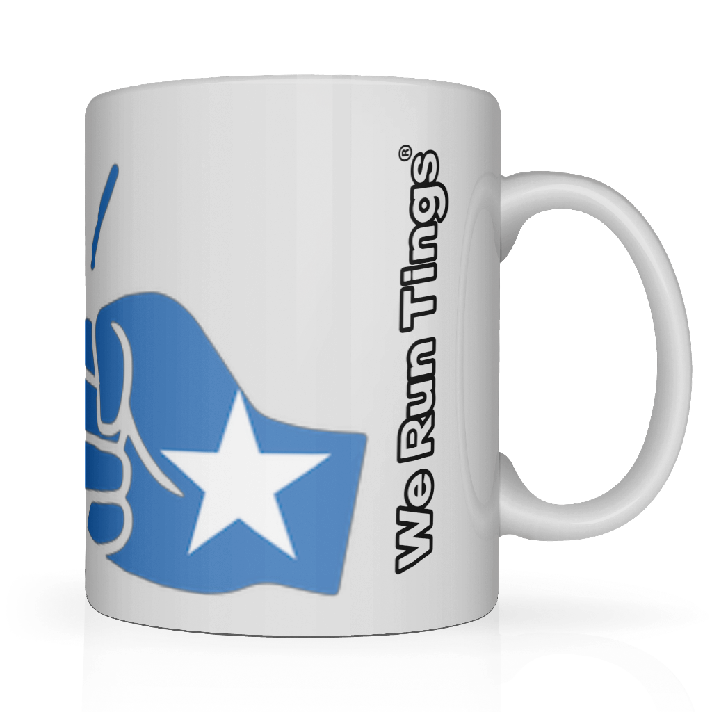 Right hand view.  We Run Tings Somalia flag white ceramic coffee mug, patriotic Somali heritage design on 11oz glossy mug.
