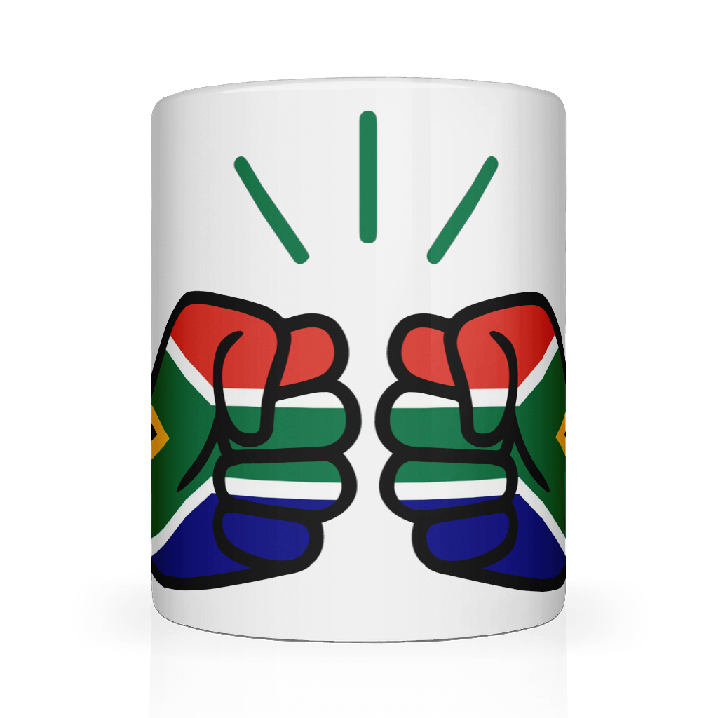 A glossy white ceramic We Run Tings, South Africa mug with a graphic design of two clenched fists and the South African flag. Front view.