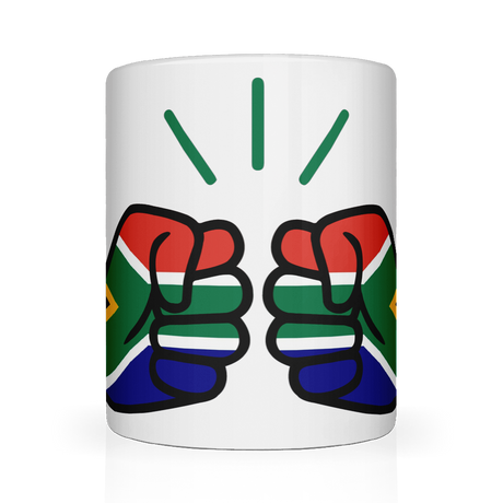 A glossy white ceramic We Run Tings, South Africa mug with a graphic design of two clenched fists and the South African flag. Front view.