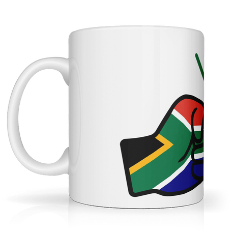 A glossy white ceramic We Run Tings, South Africa mug with a graphic design of two clenched fists and the South African flag. side view.