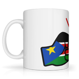 A white We Run Tings ceramic mug with a glossy finish featuring the brand logo design of clenched fists and the flag of South Sudan. Side view.