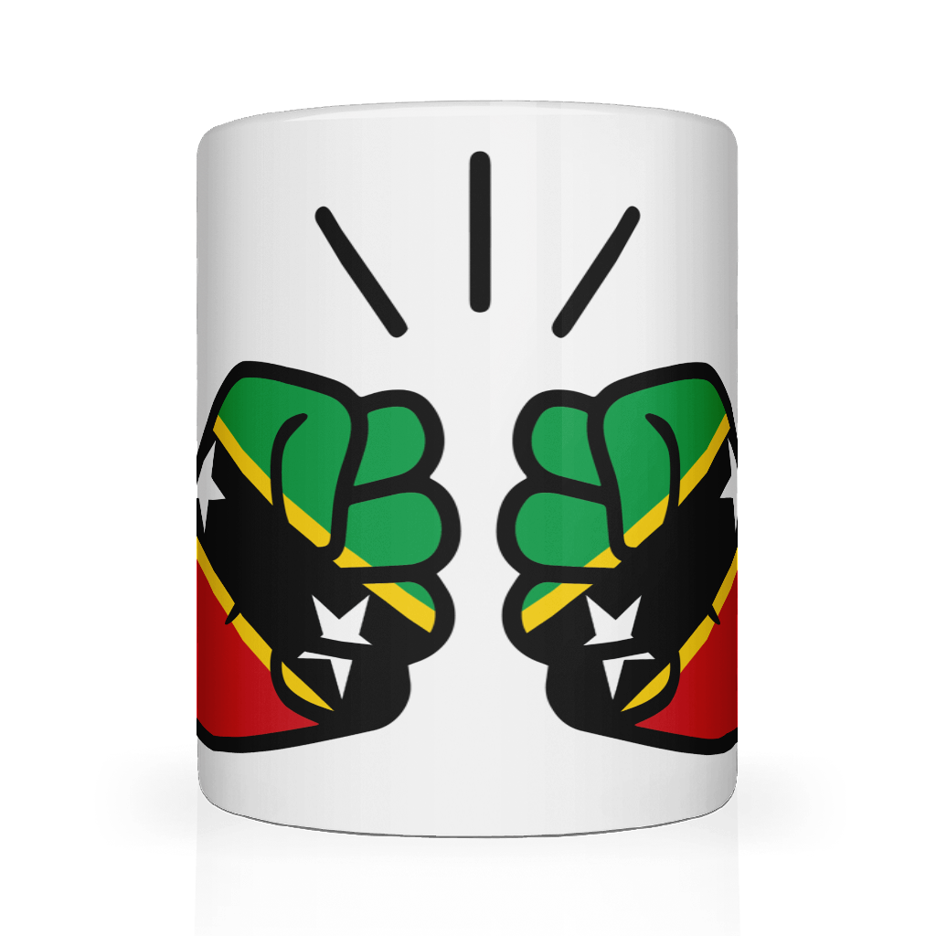 A white ceramic mug with a glossy finish featuring a graphic design of two clenched fists in green, yellow, and red, representing St. Kitts and Nevis, with a background of stars.