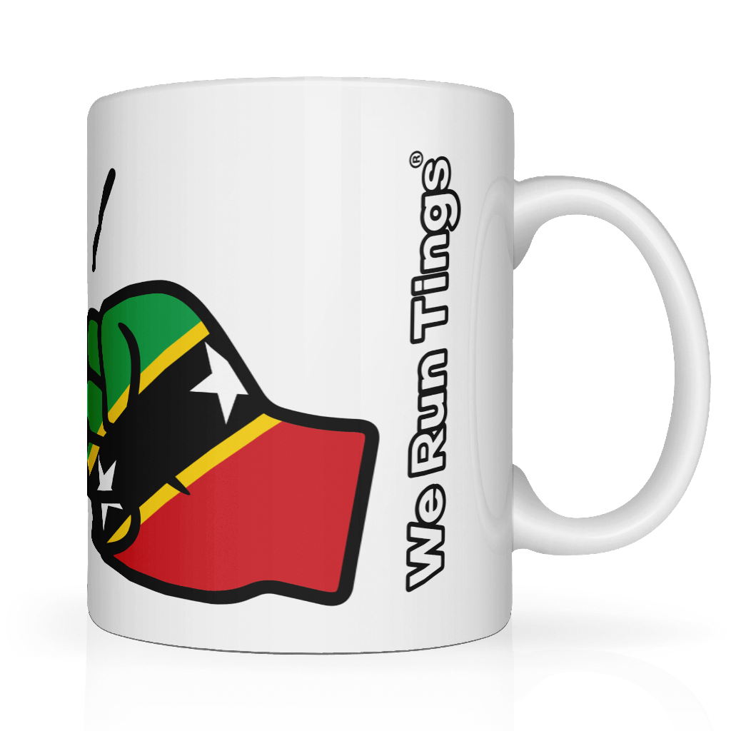 We Run Tings, St Kitts, Kittitians & Nevisians Caribbean Themed, Tea, Coffee Ceramic Mug, Cup, White, 11oz Classic Drinkware Washable Reusable Reuse Drink Tumbler Glossy Birthday Patriotic. Side view