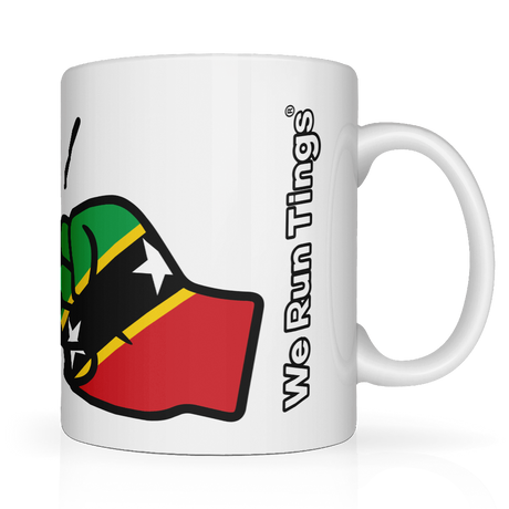 We Run Tings, St Kitts, Kittitians & Nevisians Caribbean Themed, Tea, Coffee Ceramic Mug, Cup, White, 11oz Classic Drinkware Washable Reusable Reuse Drink Tumbler Glossy Birthday Patriotic. Side view