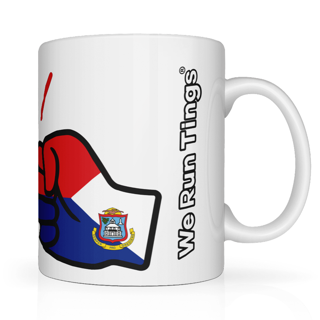 We Run Tings, St Martin White ceramic mug with a colorful design and 'We Run Tings' text on a white background. Side view