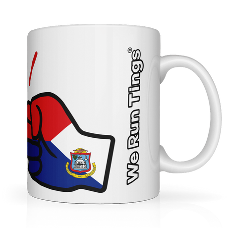 We Run Tings, St Martin White ceramic mug with a colorful design and 'We Run Tings' text on a white background. Side view