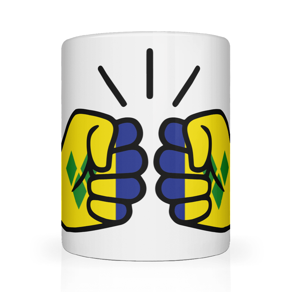 We Run Tings, St. Vincent and the Grenadines Mug white ceramic mug with a colorful illustration of two hands making a peace sign, set against a yellow background with blue accents. Front view.