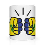 We Run Tings, St. Vincent and the Grenadines Mug white ceramic mug with a colorful illustration of two hands making a peace sign, set against a yellow background with blue accents. Front view.