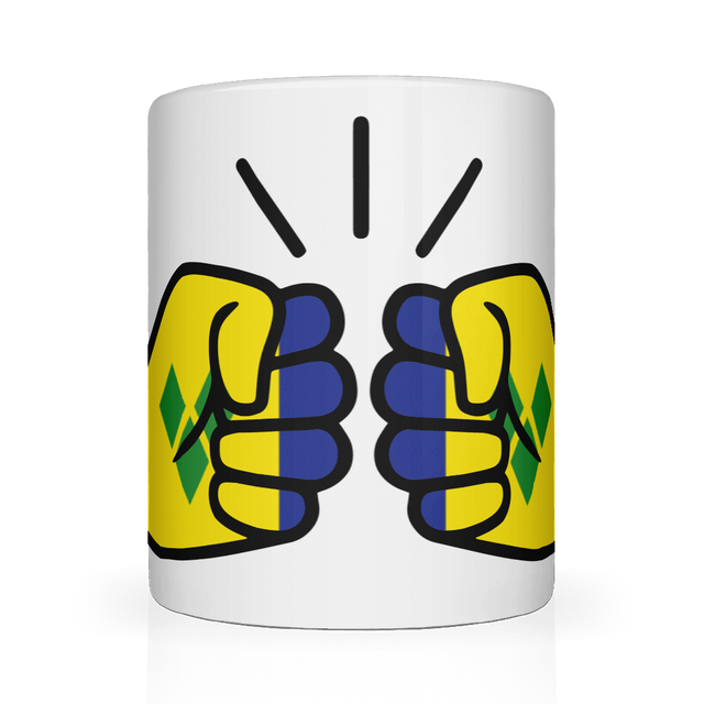 We Run Tings, St. Vincent and the Grenadines Mug white ceramic mug with a colorful illustration of two hands making a peace sign, set against a yellow background with blue accents. Front view.