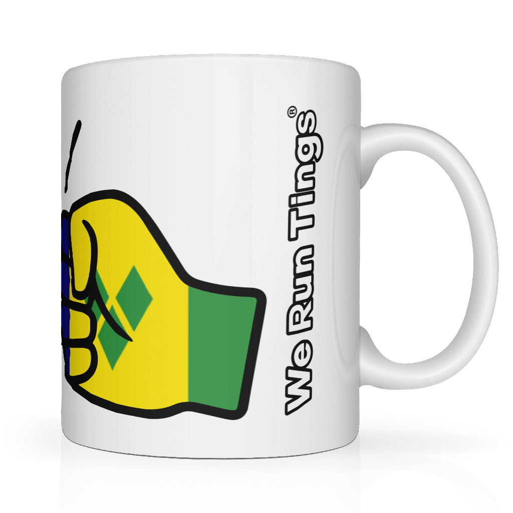 We Run Tings, St. Vincent and the Grenadines Mug white ceramic mug with a colorful illustration of two hands making a peace sign, set against a yellow background with blue accents. Side view