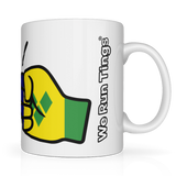We Run Tings, St. Vincent and the Grenadines Mug white ceramic mug with a colorful illustration of two hands making a peace sign, set against a yellow background with blue accents. Side view