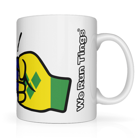 We Run Tings, St. Vincent and the Grenadines Mug white ceramic mug with a colorful illustration of two hands making a peace sign, set against a yellow background with blue accents. Side view