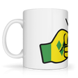 We Run Tings, St. Vincent and the Grenadines Mug white ceramic mug with a colorful illustration of two fists making a peace sign, set against a yellow background with blue accents. Side view