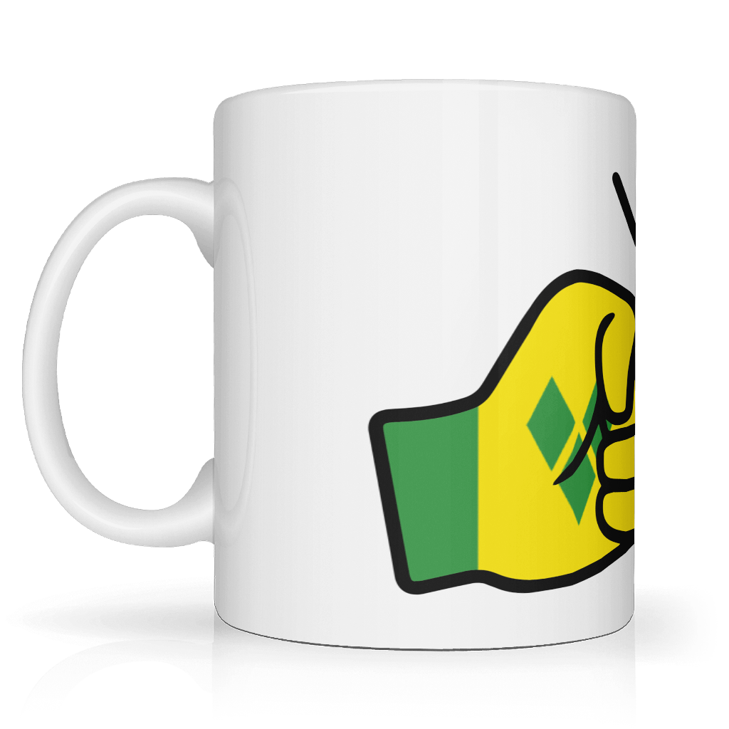 We Run Tings, St. Vincent and the Grenadines Mug white ceramic mug with a colorful illustration of two fists making a peace sign, set against a yellow background with blue accents. Side view