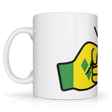 We Run Tings, St. Vincent and the Grenadines Mug white ceramic mug with a colorful illustration of two fists making a peace sign, set against a yellow background with blue accents. Side view
