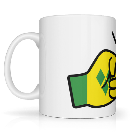 We Run Tings, St. Vincent and the Grenadines Mug white ceramic mug with a colorful illustration of two fists making a peace sign, set against a yellow background with blue accents. Side view