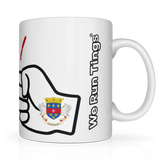 We Run Tings, St Barts, Caribbean Themed, Tea, Coffee Ceramic Mug, Cup, White, 11oz Classic Drinkware Washable Reusable Reuse Tumbler Patriotic. Side view showing the brand name