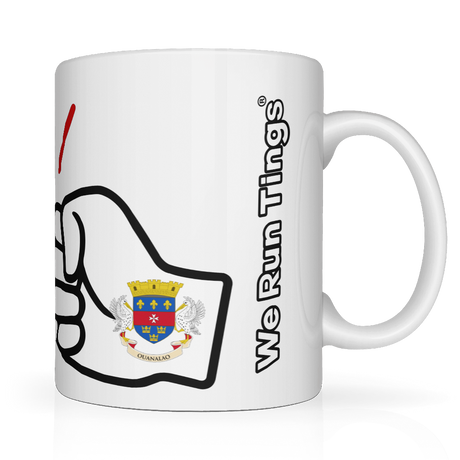 We Run Tings, St Barts, Caribbean Themed, Tea, Coffee Ceramic Mug, Cup, White, 11oz Classic Drinkware Washable Reusable Reuse Tumbler Patriotic. Side view showing the brand name