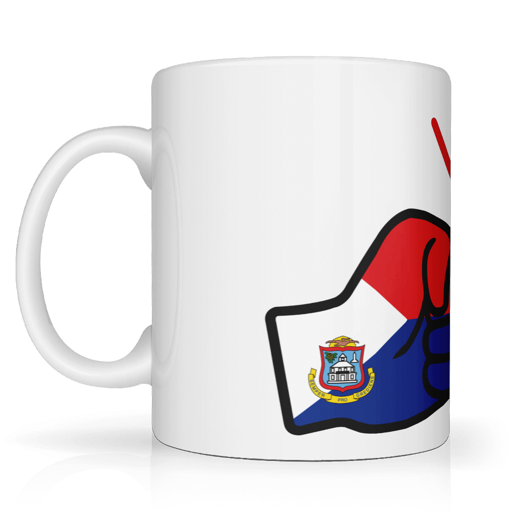 We Run Tings, St Martin, Caribbean Themed, Tea, Coffee Ceramic Mug, Cup, White, 11oz Classic Drinkware Washable Reusable Reuse Tumbler Patriotic. Side view.