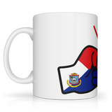 We Run Tings, St Martin, Caribbean Themed, Tea, Coffee Ceramic Mug, Cup, White, 11oz Classic Drinkware Washable Reusable Reuse Tumbler Patriotic. Side view.