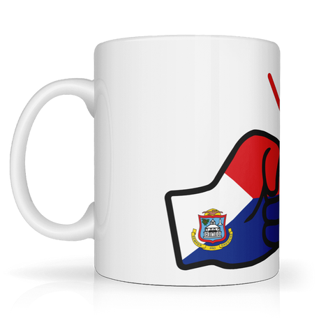 We Run Tings, St Martin, Caribbean Themed, Tea, Coffee Ceramic Mug, Cup, White, 11oz Classic Drinkware Washable Reusable Reuse Tumbler Patriotic. Side view.